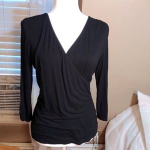 WHBM Black Faux Wrap black 3/4 sleeve top